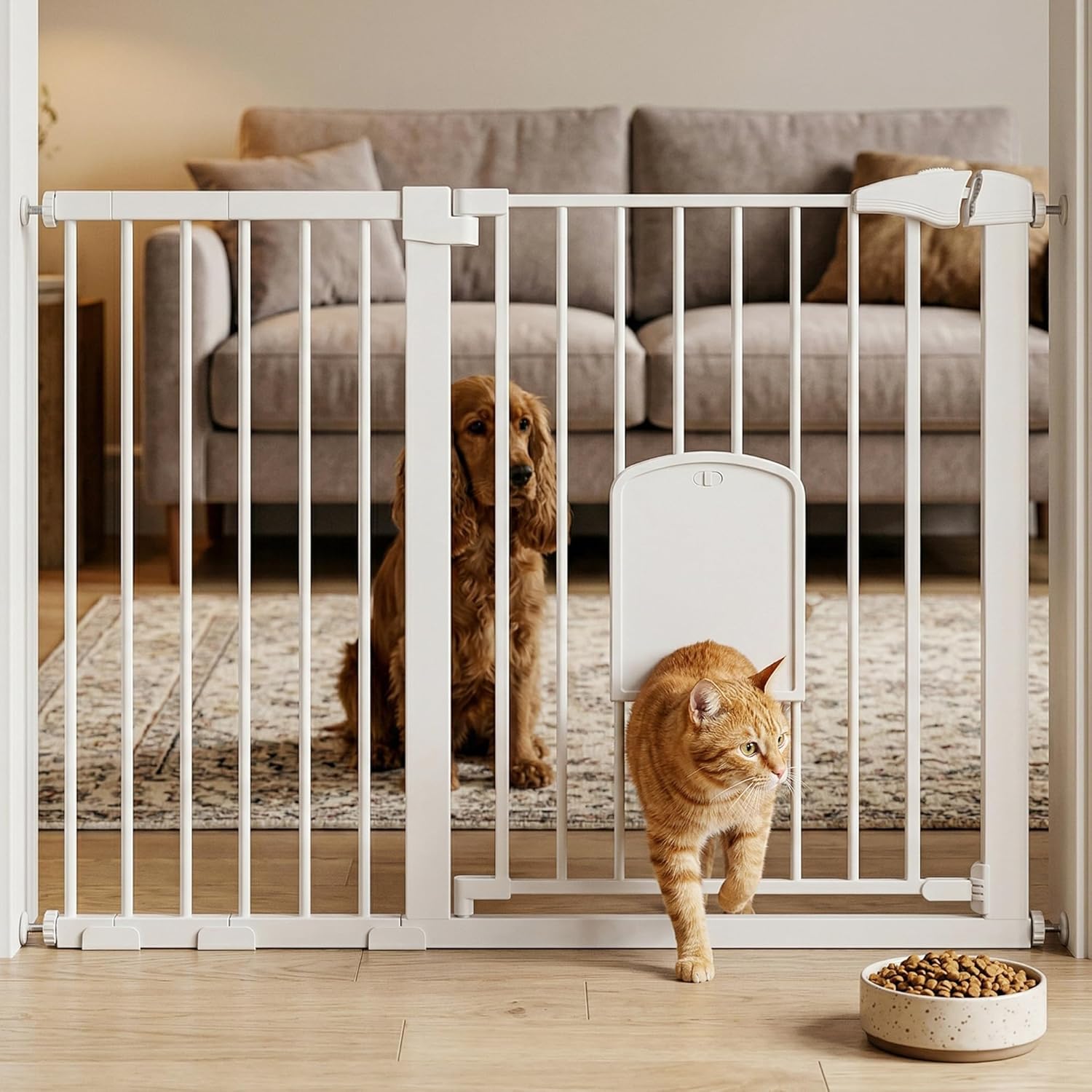 Advwin - Metal Pet Safety Gate with Cat Door, 75-125 cm Adjustable Dog Gate for Doorways & Stairs, Auto-Close
