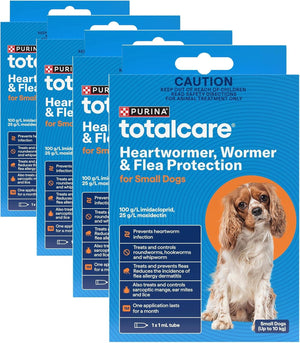 Multiple packages of Purina Totalcare Heartwormer, Wormer & Flea Protection for Small Dogs on a white background at Pet Servo