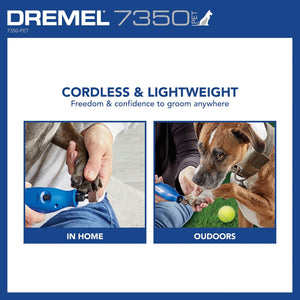 Dremel 7350-PET grooming tool advertisement with text 'Cordless & Lightweight' and images of a person using it indoors and outdoors.