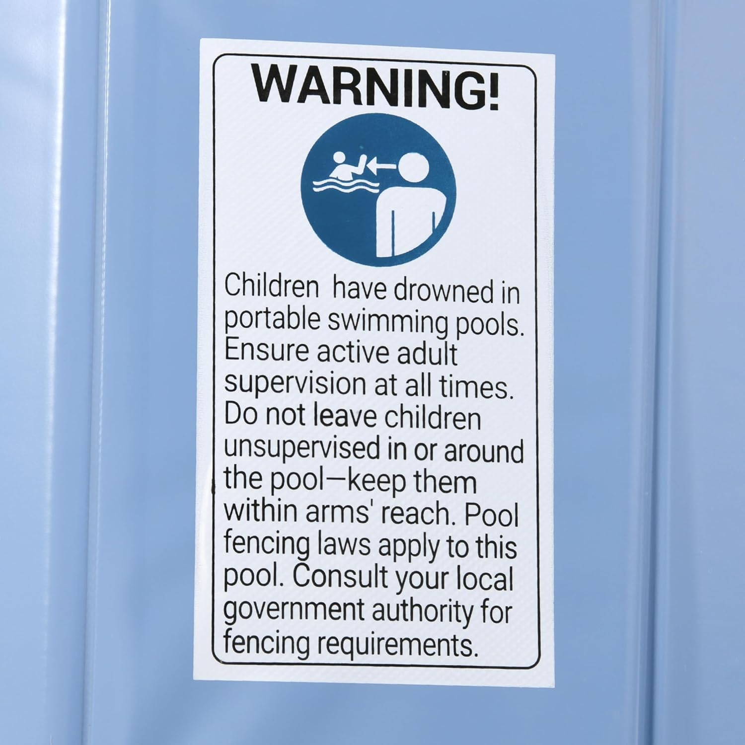 Warning sign about pool safety on a blue background at Pet Servo