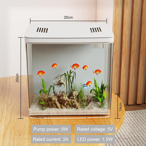 Small aquarium with fish and plants, placed on a wooden surface with dimensions and technical specifications displayed at Pet Servo