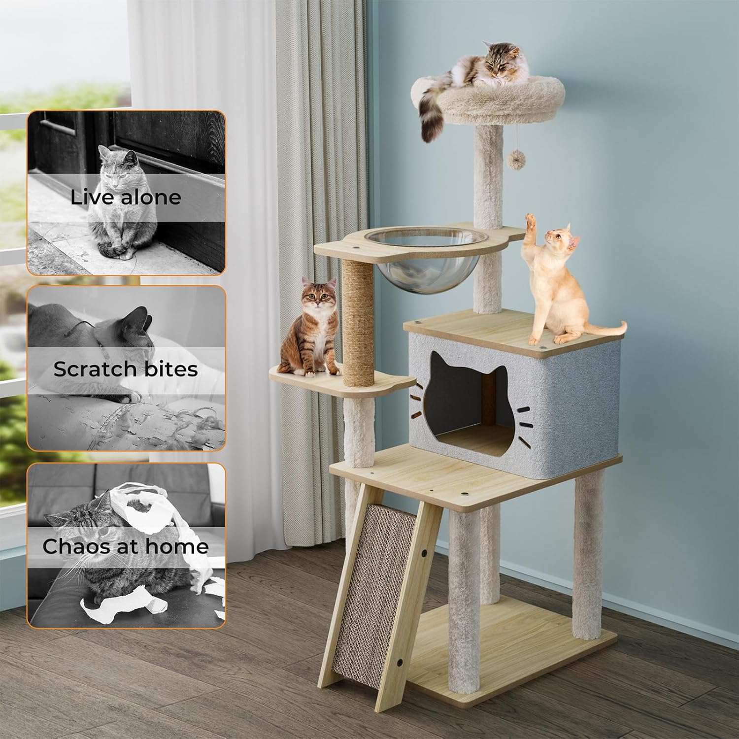A multi-level cat tree with light wood platforms, sisal-wrapped scratching posts, a fabric-covered cat house, and a hanging cat bed, shown in a room with cats using it. Three inset photos on the left show cats scratching, biting, and playing with the product at Pet Servo
