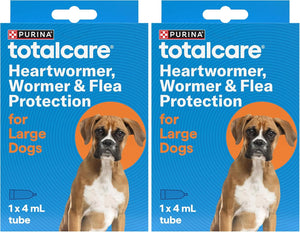 Two packages of Purina totalcare Heartwormer, Wormer & Flea Protection for Large Dogs on a blue background at Pet Servo