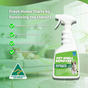 Pet smell remover spray bottle with green label on a blurred indoor background at Pet Servo
