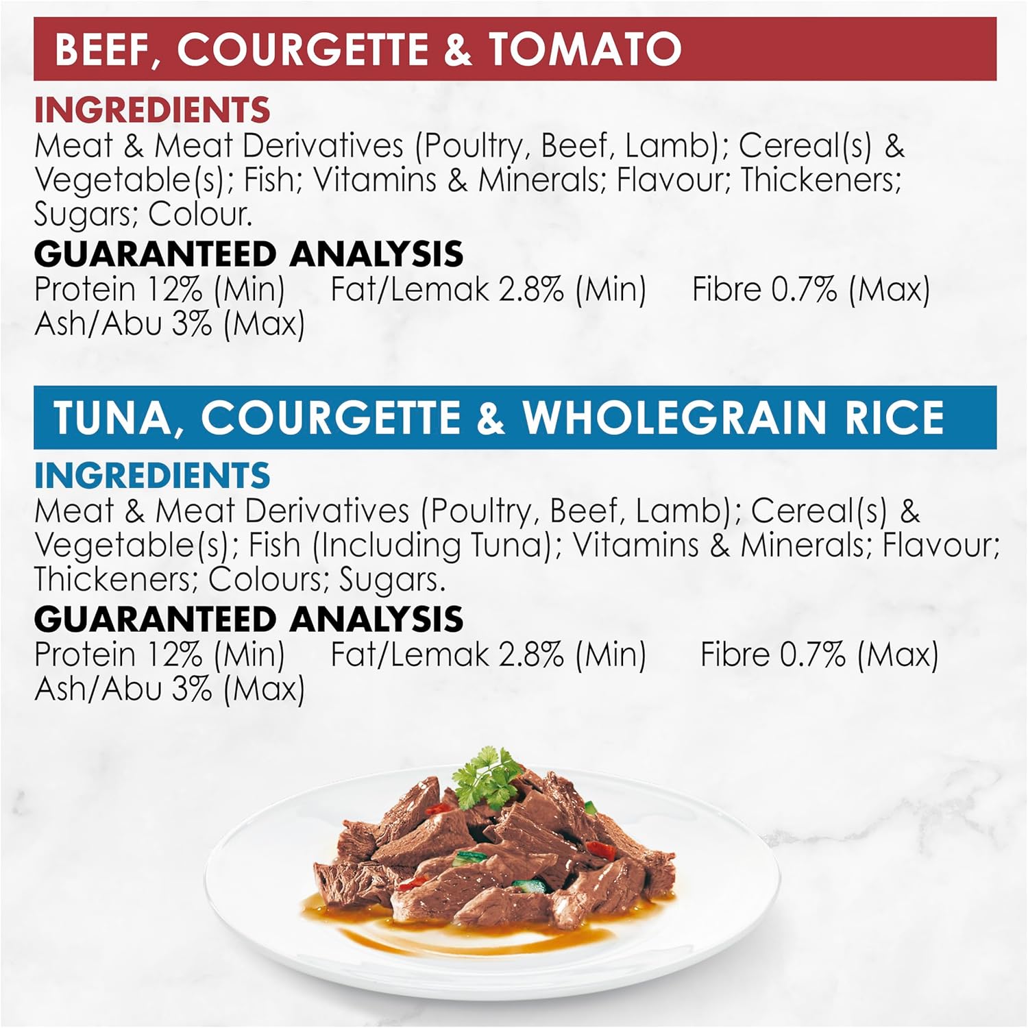 Product label with ingredients and guaranteed analysis for beef, courgette, and tomato dish, and tuna, courgette, and wholegrain rice dish.