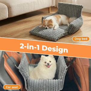 Dog bed with 2-in-1 design for car seat and home use, featuring a dog on a wooden floor and in a car at Pet Servo