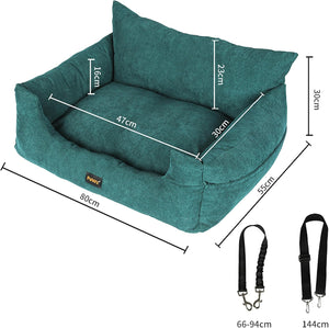 Teal pet bed with straps and measurements on a white background at Pet Servo