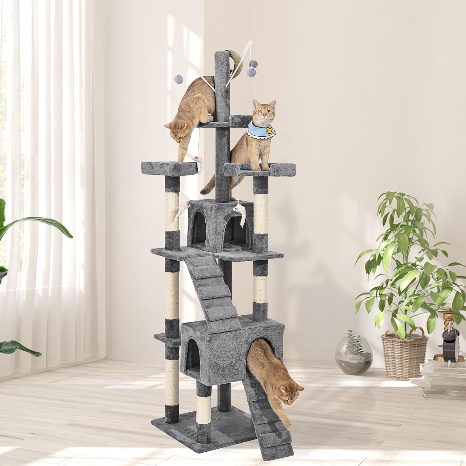 Cat tree with multiple levels and a cat climbing on it in a room with plants at Pet Servo
