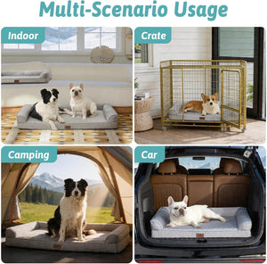 Collage of a dog bed used indoors, in a crate, for camping, and in a car at Pet Servo