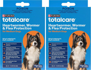 Two packages of Purina Totalcare Heartworm, Wormer & Flea Protection for medium dogs at Pet Servo