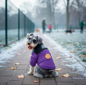 Dog wearing a purple puffer vest with a heart design on a snowy path at Pet Servo