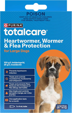 Purina Totalcare heartworm, wormer & flea protection for large dogs packaging at Pet Servo