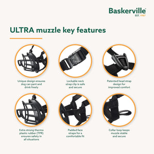 Baskerville Ultra muzzle key features with illustrations and text on a white background