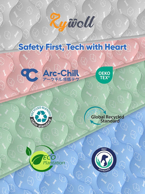 Colorful fabric swatches with brand logos and sustainability certifications on a white background at Pet Servo