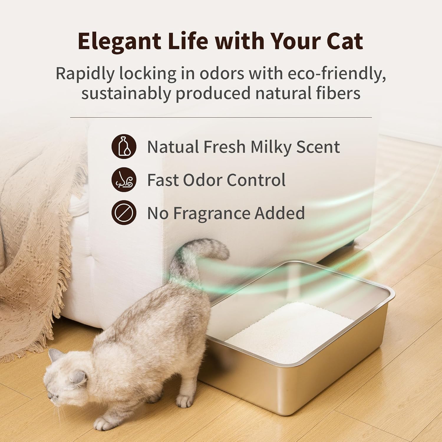 Cat using a litter box with text about eco-friendly and natural scents at Pet Servo