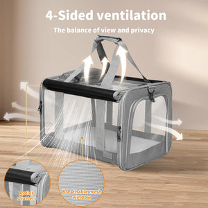 Gray and black pet carrier with mesh sides and top, shown on a wooden floor against a beige wall. White arrows illustrate 4-sided ventilation, with text reading '4-Sided ventilation' and 'The balance of view and privacy at Pet Servo