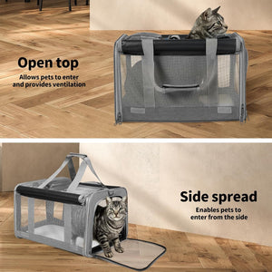 Gray pet carrier with mesh sides and handles, shown in two views on a wood floor: one with a cat sitting inside and the text 'Open top Allows pets to enter and provides ventilation,' and one with a cat stepping out and the text 'Side spread Enables pets to enter from the side.' at Pet Servo
