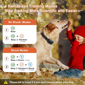 Dog wearing a collar with training modes displayed, interacting with a child in an outdoor setting.