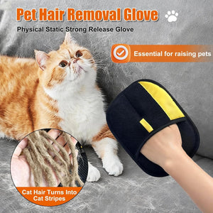 Pet hair removal glove with a cat and close-up of hair removal on a gray surface at Pet Servo