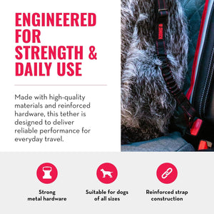 Promotional graphic for a dog car seat tether strap. The right side shows a close-up of a gray dog wearing the black and red KONG brand tether strap secured around its body in a car seat at Pet Servo
