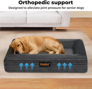Dog lying on an orthopedic support bed with 'PaWz' branding in a home setting at Pet Servo