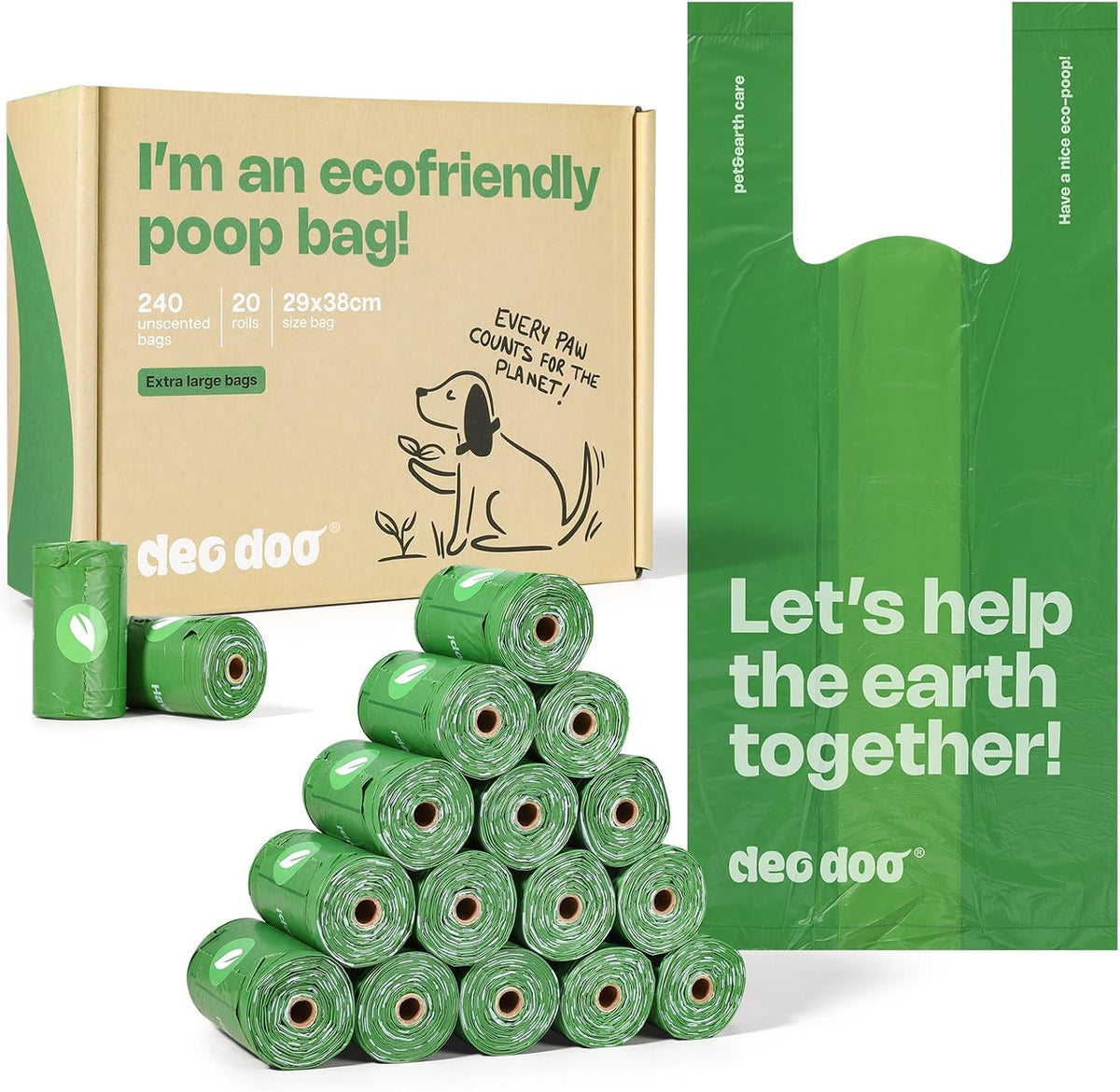 Dog waste bags with packaging and promotional text on a white background at Pet Servo