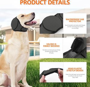 Dog wearing a waterproof ear protector with product details on a white background at Pet Servo