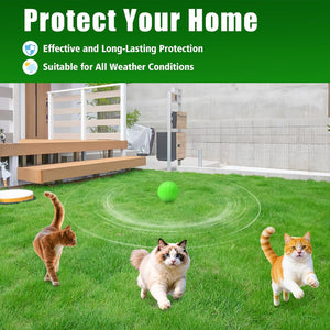 Three cats playing with a green ball on grass, with text about home protection at Pet Servo