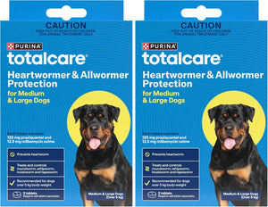 Two packages of Purina Totalcare Heartworm & Allwormer Protection for medium and large dogs on a blue background at Pet Servo
