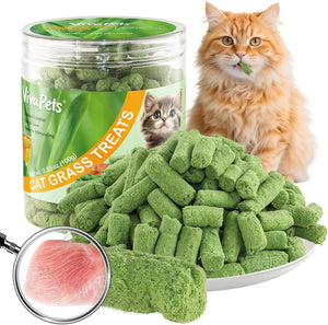 VivaPets cat grass treats with a cat eating a treat on a white background at Pet Servo