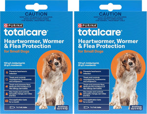 Two packages of Purina Totalcare Heartworm, Wormer & Flea Protection for small dogs on a white background at Pet Servo