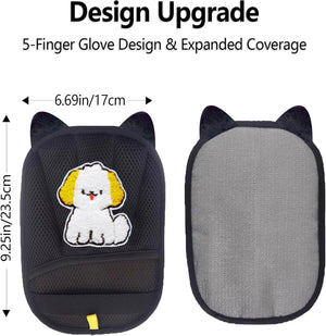 Black 5-finger glove design with cartoon dog illustration and measurements on a white background at Pet Servo