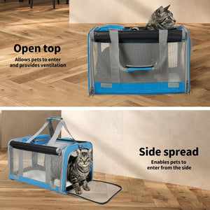 A blue and gray pet carrier shown in two views on a wood floor against a beige wall. The top view shows a cat sitting inside with text reading 'Open top' and 'Allows pets to enter and provides ventilation at Pet Servo