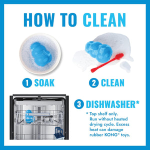 Instructions on how to clean KONG toys with images and text at Pet Servo