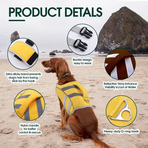 Dog wearing a yellow safety vest with product details on a beach at Pet Servo
