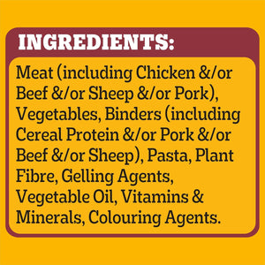 An ingredients list graphic on a yellow background, with a dark red header reading 'INGREDIENTS:' and black text listing meat, vegetables, binders, pasta, plant fibre, gelling agents, vegetable oil, vitamins & minerals, and colouring agents.