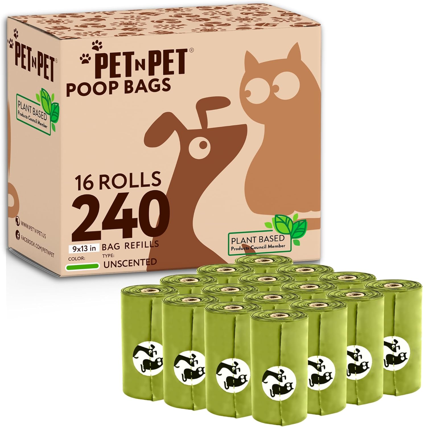 Box of Pet N Pet poop bags with multiple green rolls in front on a white background at Pet Servo