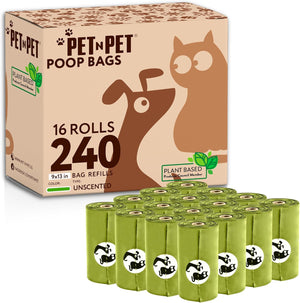 Box of Pet N Pet poop bags with multiple green rolls in front on a white background at Pet Servo