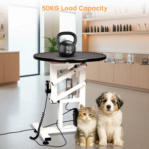 Pet stand with 50KG load capacity, kettlebell, and pets in a kitchen setting at Pet Servo