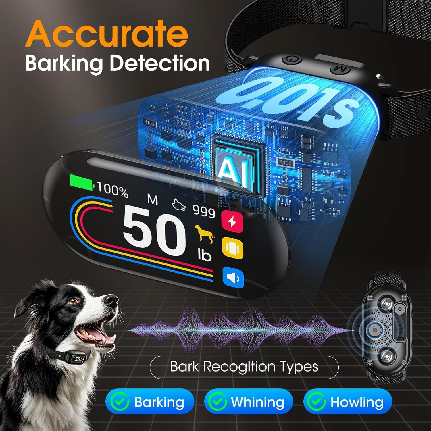 Dog barking detection device with digital display and AI logo, featuring a dog and text about accurate barking detection at Pet Servo