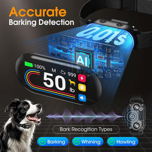 Dog barking detection device with digital display and AI logo, featuring a dog and text about accurate barking detection at Pet Servo