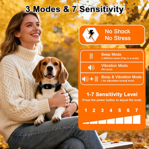 Woman holding a dog with product feature details on an orange background at Pet Servo