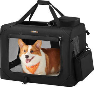 A portable collapsible soft travel crate for pets, in black color, with a dog peeking out from the mesh window.