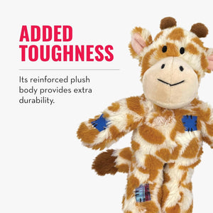 Plush giraffe toy with text about added toughness on a white background at Pet Servo