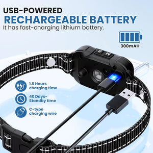USB-powered rechargeable dog collar with charging cable on a light blue background at Pet Servo