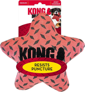 Kong star-shaped dog toy in pink with black diamond pattern, shown with its retail packaging card. The packaging features the red and white KONG brand logo and a picture of a dog holding the toy at Pet Servo