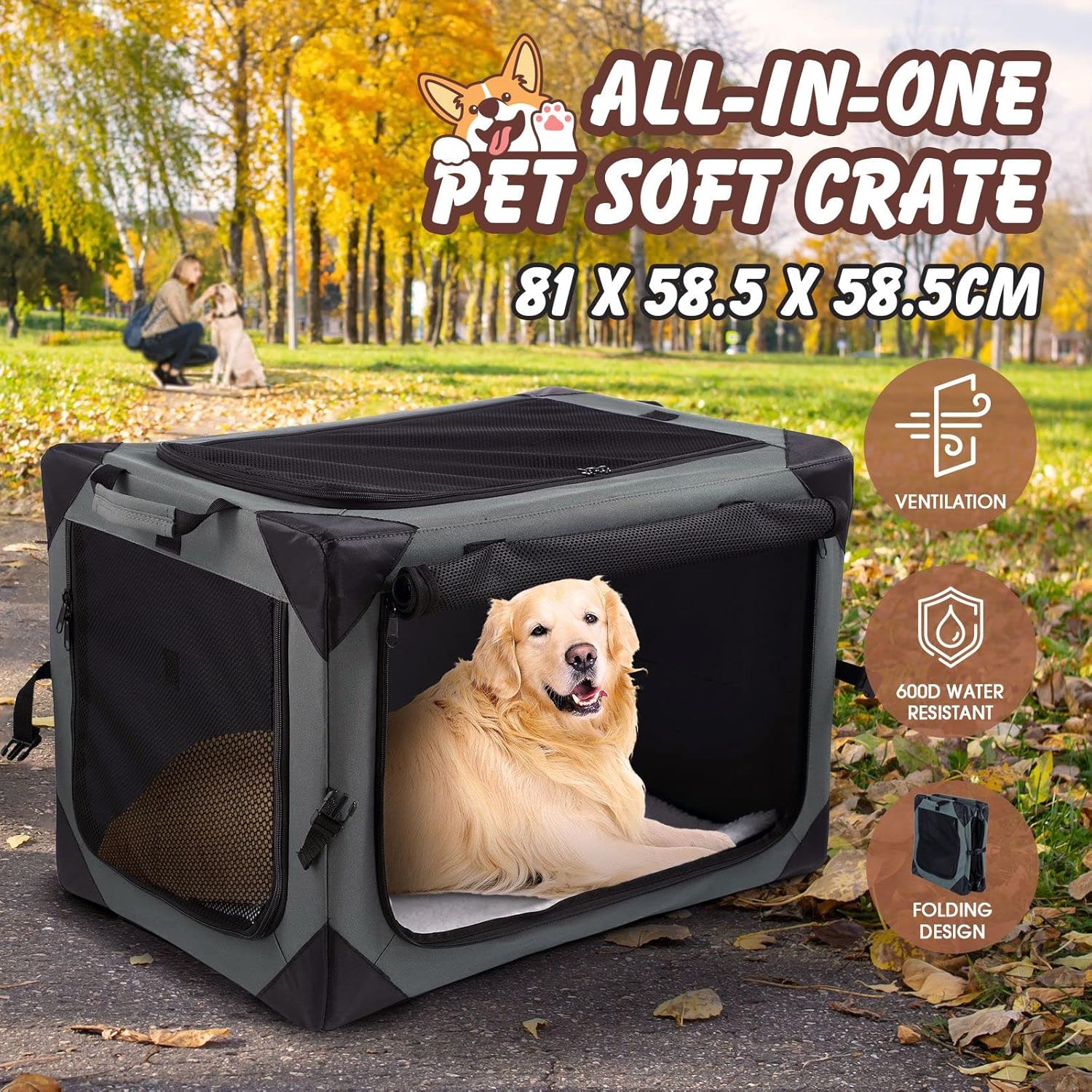 Pet Scene Foldable Soft Pet Crate Travel Indoor/Outdoor Soft Foldable bag Grey (81x58.5x58.5cm)