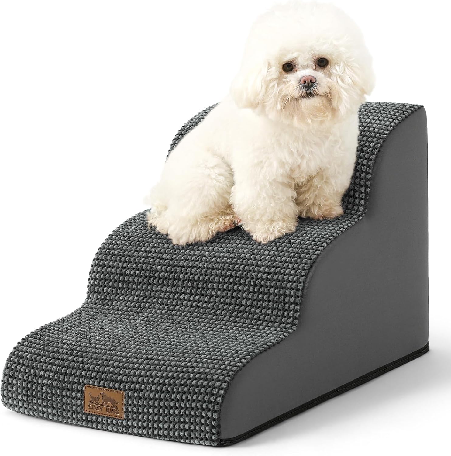 White dog sitting on a gray pet ramp with a white background at Pet Servo