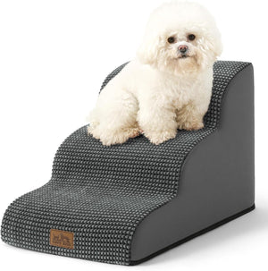 White dog sitting on a gray pet ramp with a white background at Pet Servo