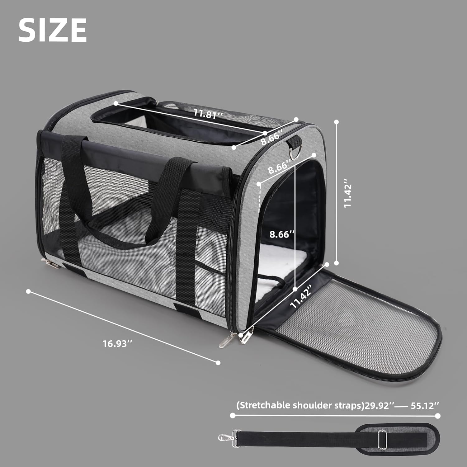 Gray pet carrier with dimensions indicated on a gray background at Pet Servo